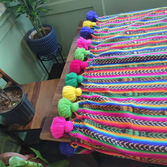 Vintage Tablecloth Blanket Throw Knit Indigenous Striped Boho - Picture 4 of 14